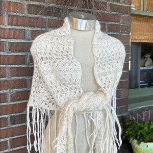 Hand knit open lace cream angora blend cottage core/boho fringed shawl